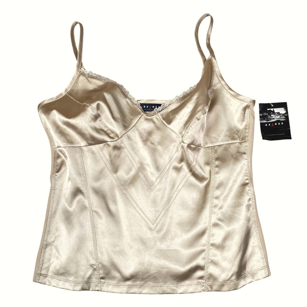 Axcess Y2K Satin Lace Trim Camisole Top Women XL Honeynut Champage Mixed Media